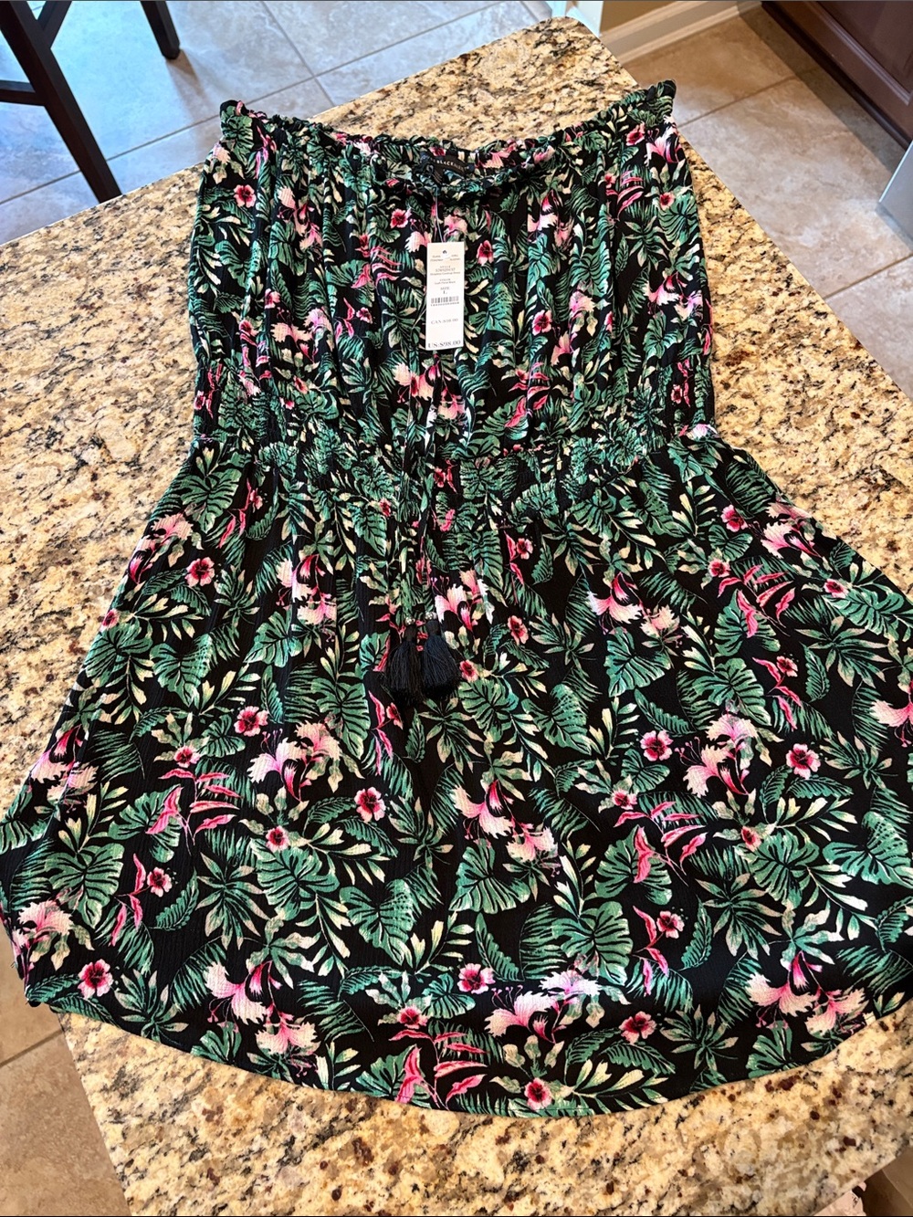 White House Black Market Black Coverup Dress with Green Leaf & Pink Floral Print